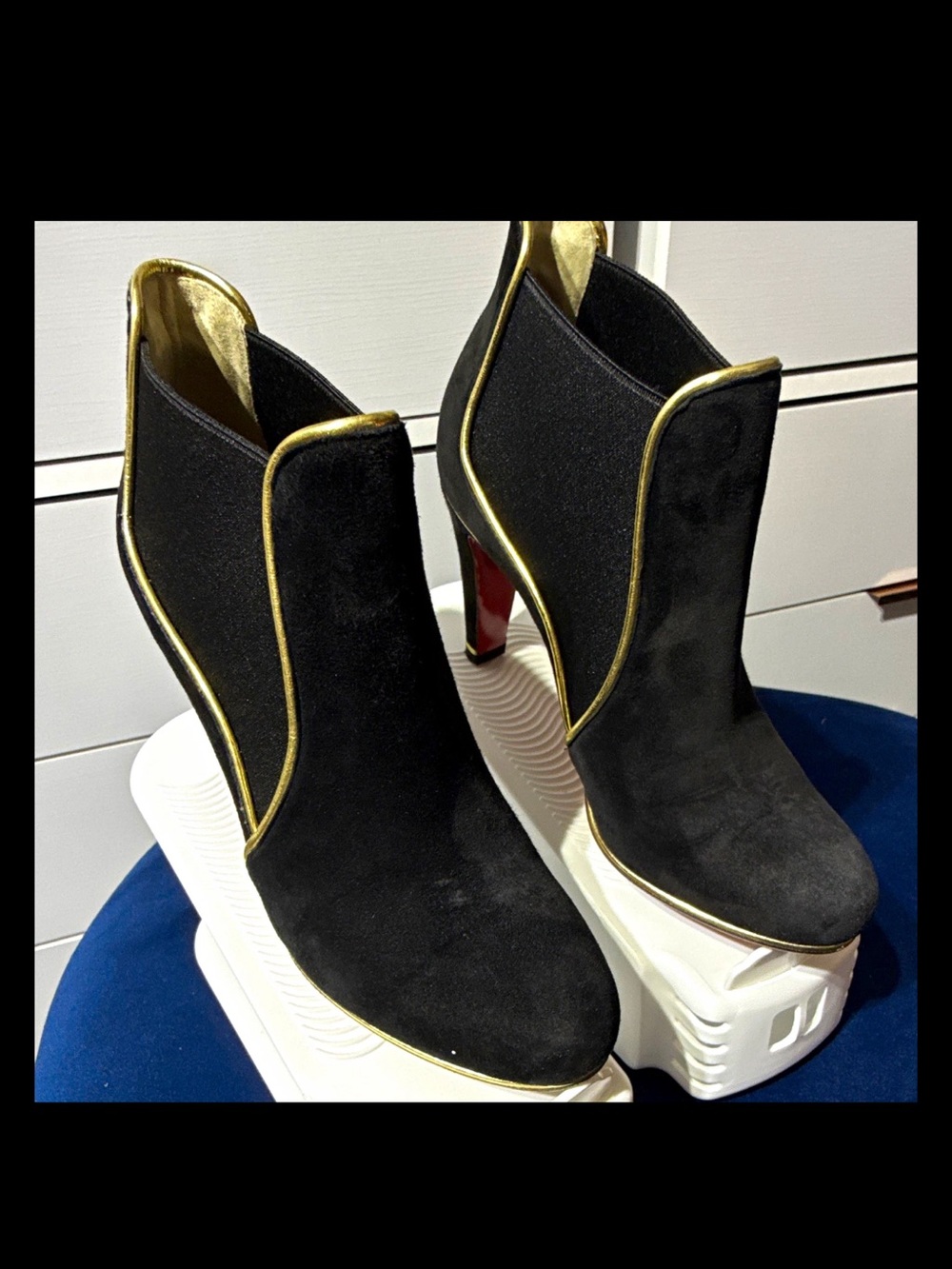 Christian Louboutin Black Suede Ankle Boots with Gold Trim and Red Soles